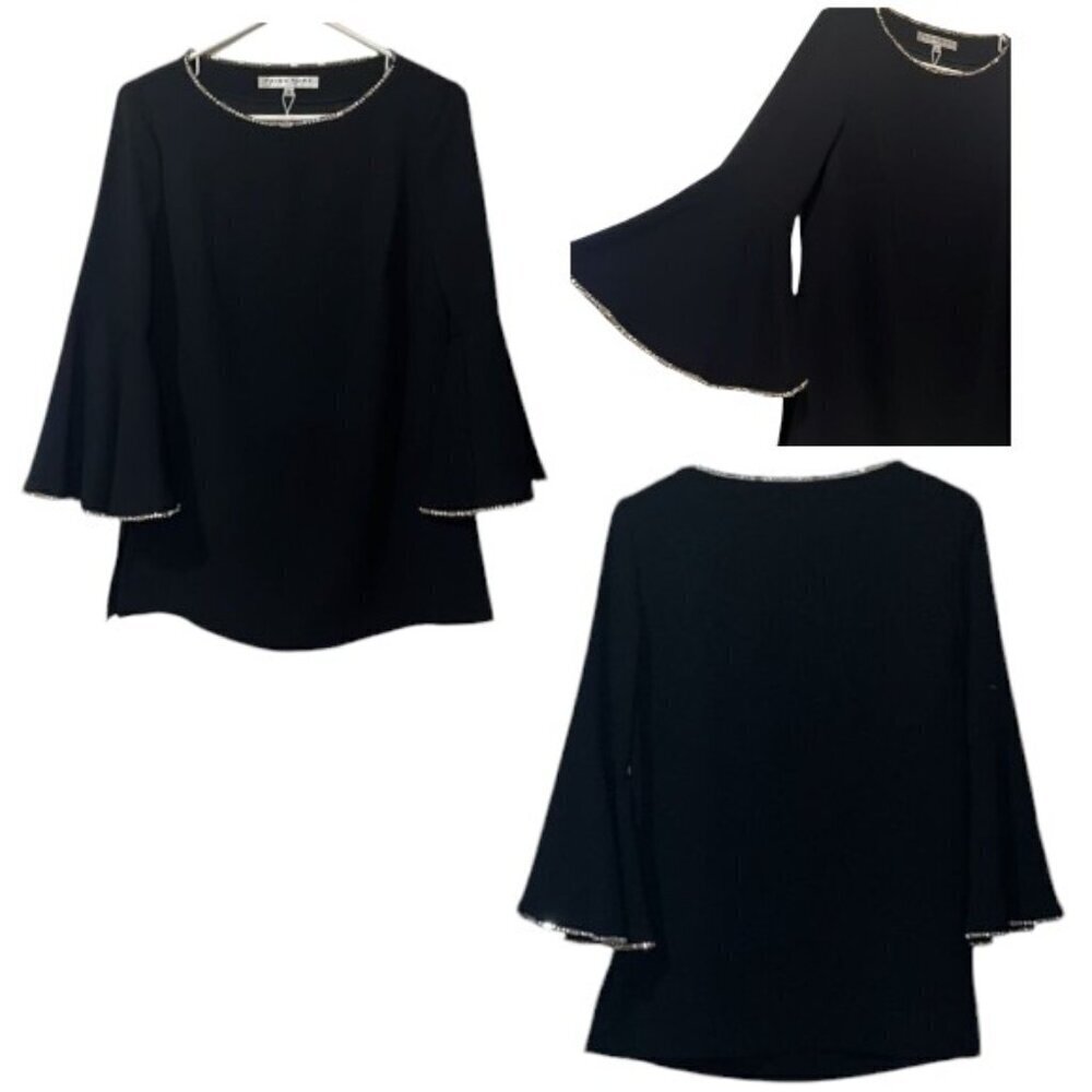 Trina Turk Womens Small Black Bell Sleeve Blouse Crystal Rhinestone Embellished